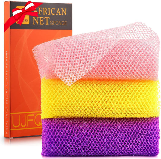 3 Pieces African Bath Sponge African Net Long Net Bath Sponge Exfoliating Shower Body Scrubber Back Scrubber Skin Smoother,Great for Daily Use (Pink,Yellow,Purple)