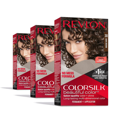 Colorsilk Beautiful Color Permanent Hair Color, Long-Lasting High-Definition Color, Shine & Silky Softness with 100% Gray Coverage, Ammonia Free, 30 Dark Brown, 3 Pack