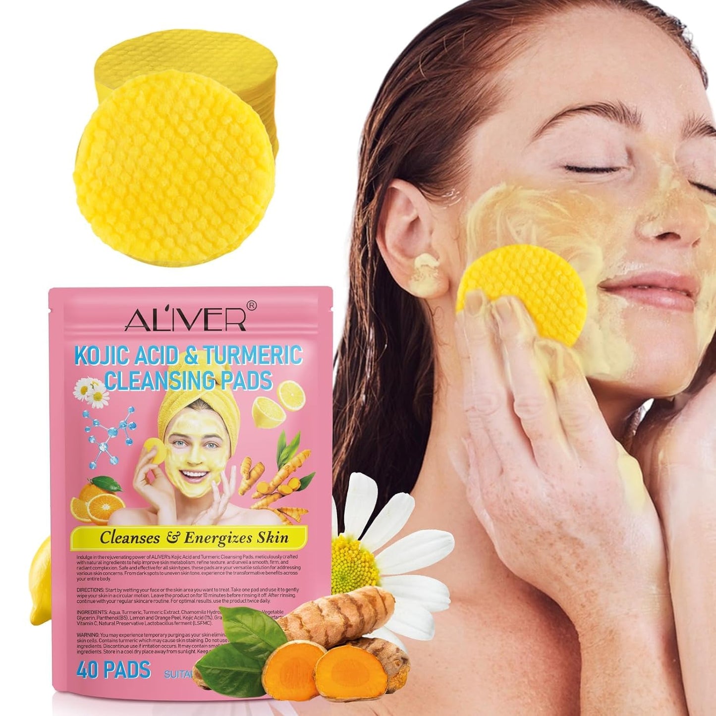 Turmeric Face Scrub Pads, 40Pcs Turmeric Cleansing Pads with Vitamin B5, Vitamin C Turmeric, Face Pads, Sugar Turmeric Cleansing Pads for Face