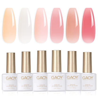 Milky White X Jelly Nude Gel Nail Polish Set, 6 Transparent Colors Sheer Pink Orange Gel Nail Kit for Salon Gel Manicure and Nail Art DIY at Home