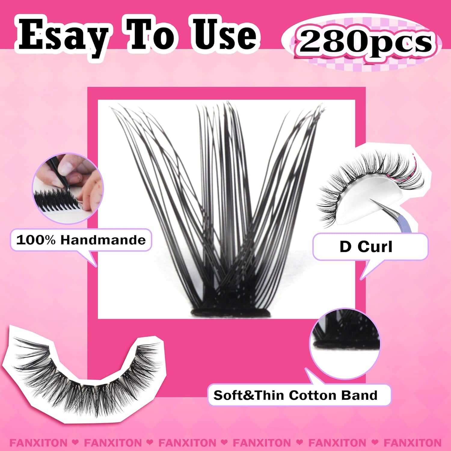 DIY Lash Extension Kit Volume Lash Clusters 40D+50D D Curl Individual Lashes Lash Clusters Kit Thick Eyelash Extension Kit 280 Pcs Thin Band Cluster Lashes Lash Bond and Seal Lash Tweezers