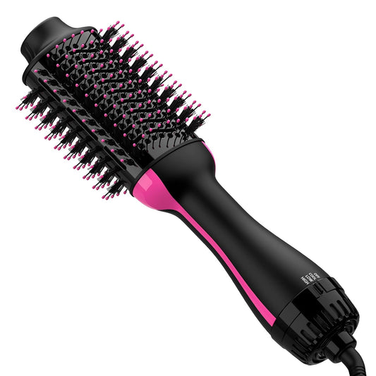 Hair Dryer and Blow Dryer Brush in One, 4 in 1 Hair Dryer and Styler Volumizer with Negative Ion Anti-Frizz Ceramic Titanium Barrel Hot Air Straightener Brush 75MM Oval Shape, Black/Pink