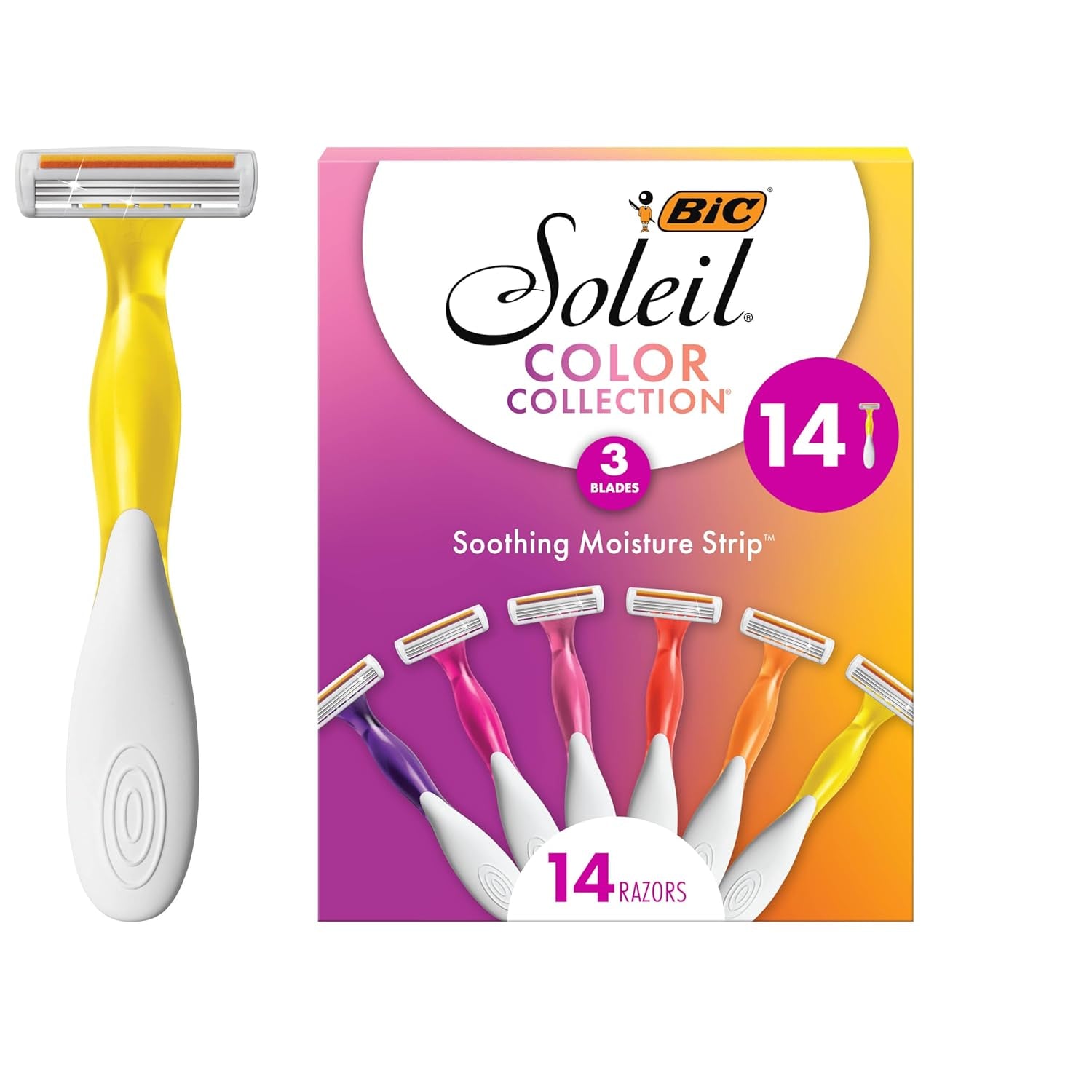 Soleil Smooth Colors Women'S Disposable Razors with Aloe Vera and Vitamin E Lubricating Strip for Enhanced Glide, with 3 Blades, 14 Count