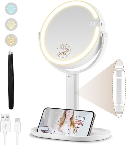 20X Magnifying Mirror with Light,Double Sided 1X/20X Magnified Mirror with Lights, Rechargeable 3 Color Lights and Adjustable Brightness Vanity Mirror, 360° Rotation Detachable for Travel with Tweezer