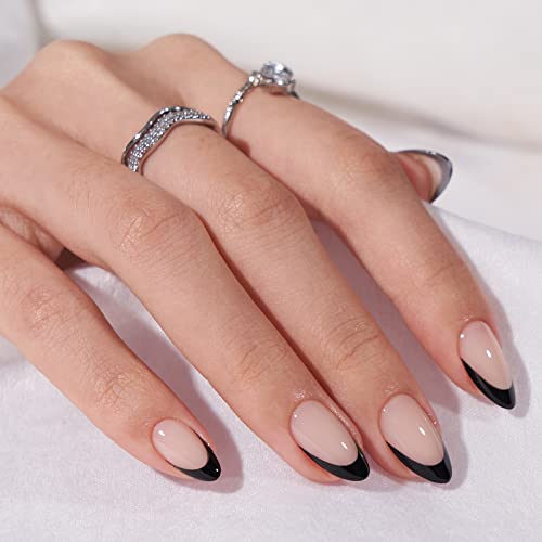 French Tip Press on Nails Almond - Halloween Press on Nails Short, Glue on Nails for Women Gift, Supremely Fit Natural Reusable Stick on Nails in 16 Sizes - 30 Fake Nails Kit, Black French