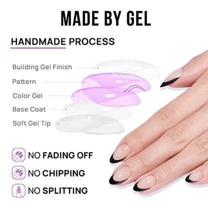 French Tip Press on Nails Almond - Halloween Press on Nails Short, Glue on Nails for Women Gift, Supremely Fit Natural Reusable Stick on Nails in 16 Sizes - 30 Fake Nails Kit, Black French