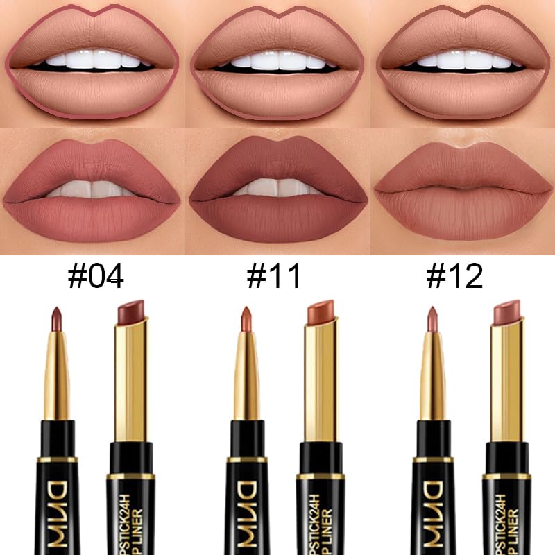 3Pcs Chestnut Nude Brown Matte Lip Liner and Lipstick Combo Set Kit for Women DNM Antique Rose Magic Lipstick 24 Hours Original Lip Liner Makeup Stain Long Lasting Waterproof Smudge Proof Labial