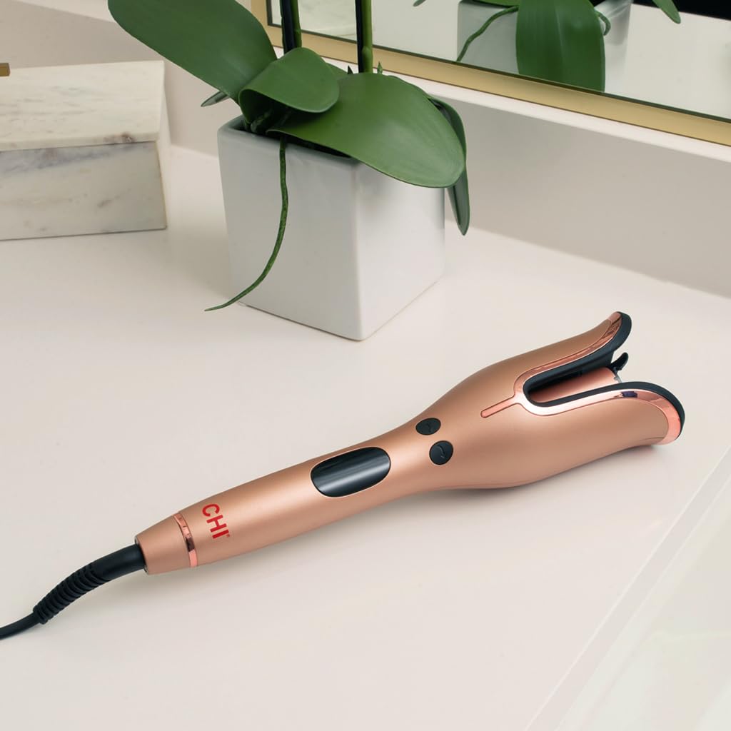 CHI Spin N Curl, Curling Iron For Healthy & Shiny Effortless Curls & Waves, Provides Preset Temperature Settings For Each Hair Texture, Rose Gold