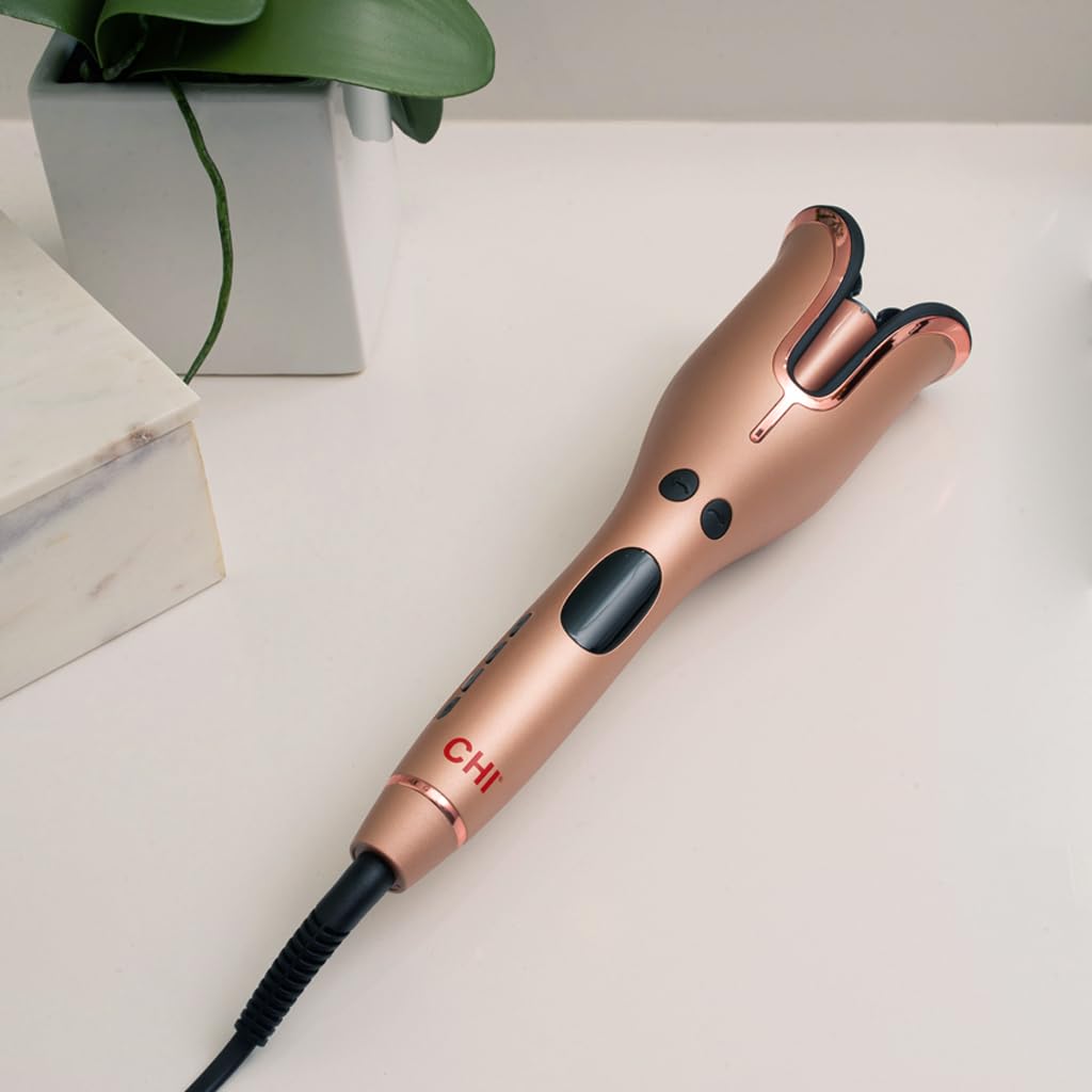 CHI Spin N Curl, Curling Iron For Healthy & Shiny Effortless Curls & Waves, Provides Preset Temperature Settings For Each Hair Texture, Rose Gold