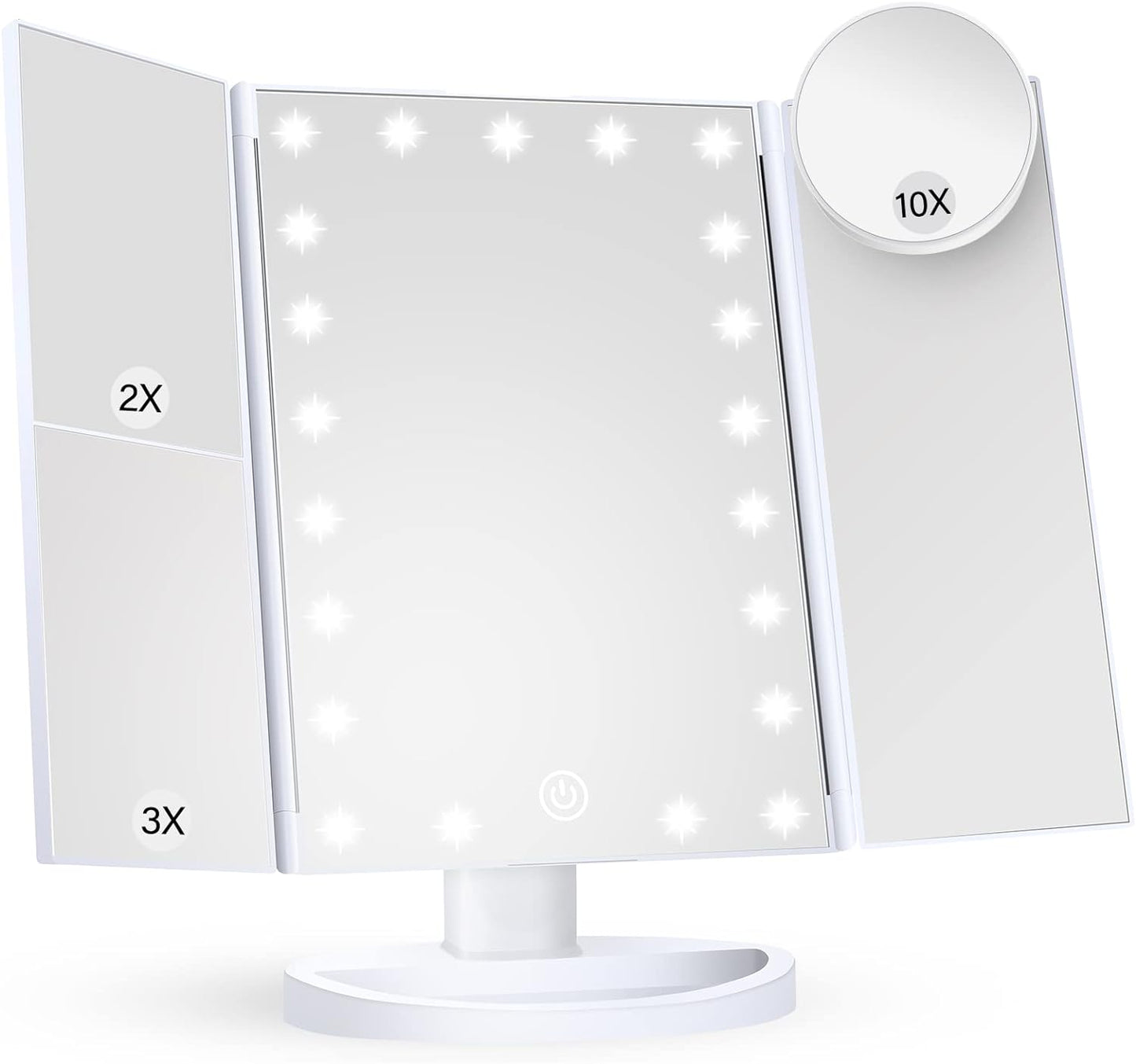 Makeup Mirror Vanity Mirror with Lights, 2X 3X 10X Magnification, Lighted Makeup Mirror, Touch Control, Trifold Makeup Mirror, Dual Power Supply, Portable LED Makeup Mirror, Women Gift (White)