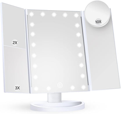 Makeup Mirror Vanity Mirror with Lights, 2X 3X 10X Magnification, Lighted Makeup Mirror, Touch Control, Trifold Makeup Mirror, Dual Power Supply, Portable LED Makeup Mirror, Women Gift (White)