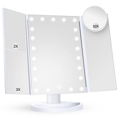 Makeup Mirror Vanity Mirror with Lights, 2X 3X 10X Magnification, Lighted Makeup Mirror, Touch Control, Trifold Makeup Mirror, Dual Power Supply, Portable LED Makeup Mirror, Women Gift (White)