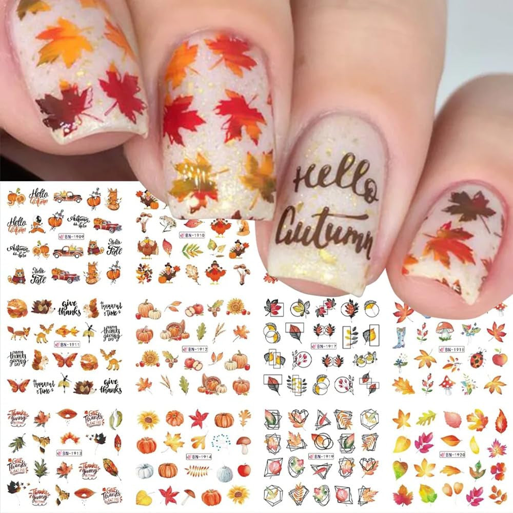 Fall Leaf Nail Art Stickers,  Maple Leaf Nail Decals Autumn Nail Art Supplies Cute Maple Leaves Turkeys Squirrels Pumpkins Water Decals for Women Thanksgiving Day Nail Art Decorations