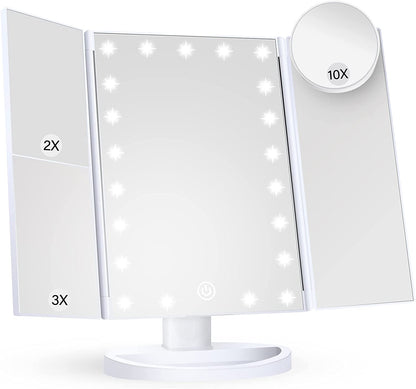 Makeup Mirror Vanity Mirror with Lights, 2X 3X 10X Magnification, Lighted Makeup Mirror, Touch Control, Trifold Makeup Mirror, Dual Power Supply, Portable LED Makeup Mirror, Women Gift (White)