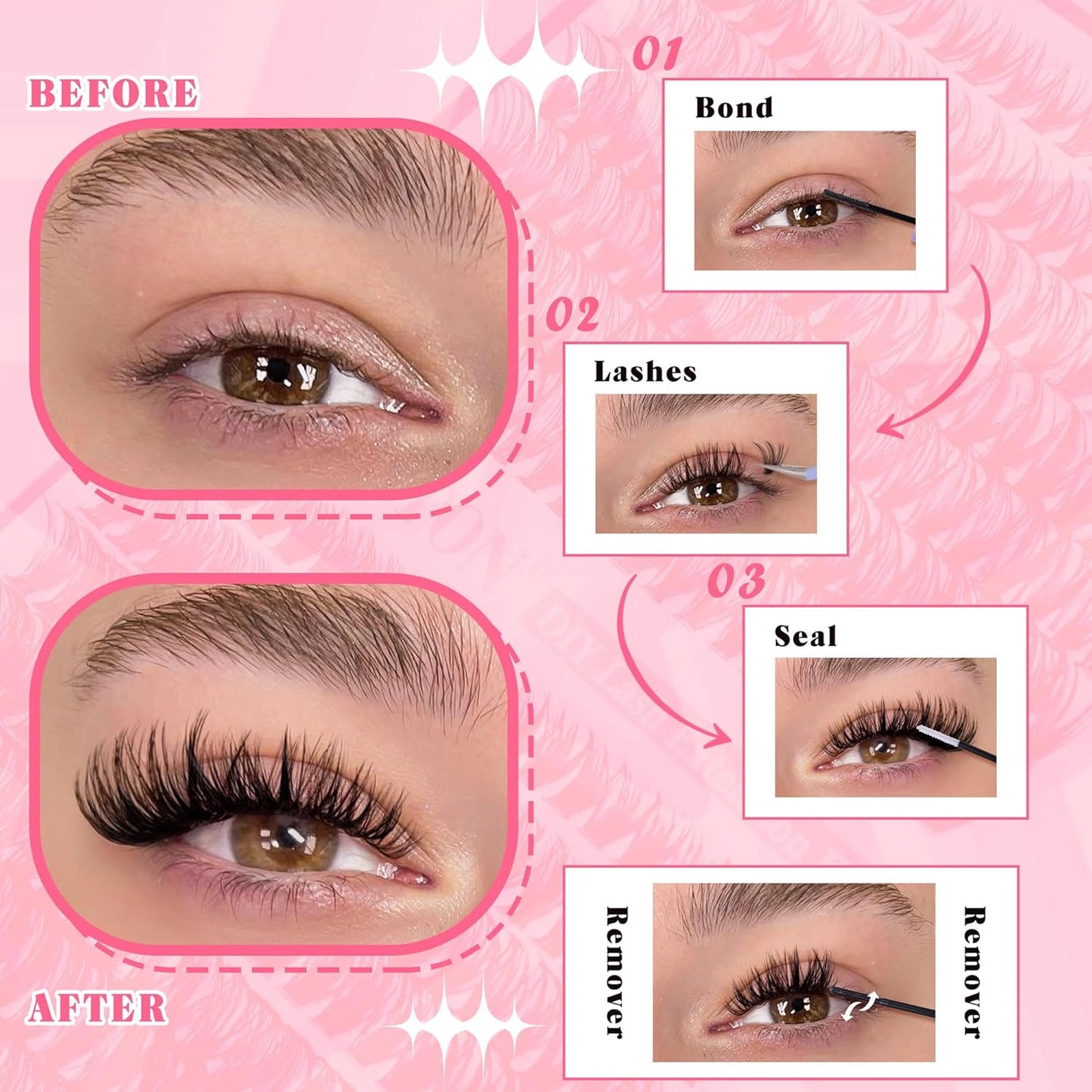 DIY Lash Extension Kit Volume Lash Clusters 40D+50D D Curl Individual Lashes Lash Clusters Kit Thick Eyelash Extension Kit 280 Pcs Thin Band Cluster Lashes Lash Bond and Seal Lash Tweezers