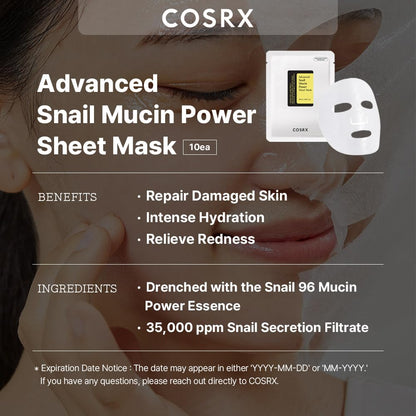 COSRX Snail Mucin Sheet Mask 10 EA with Snail Mucin Serum, Self Care, Face Masks for Dry, Sensitive Skin, Not Tested on Animals, No Parabens, No Sulfates, Korean Skin Care