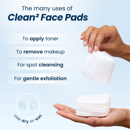 Clean² Pads 2.0 [NEW & IMPROVED EDGES] Guaranteed Not to Shed & Tear Face Pads, Unique Triple Layers, Textured & Ultra Soft Side, Organic Disposable Cotton, Pair with Makeup Remover