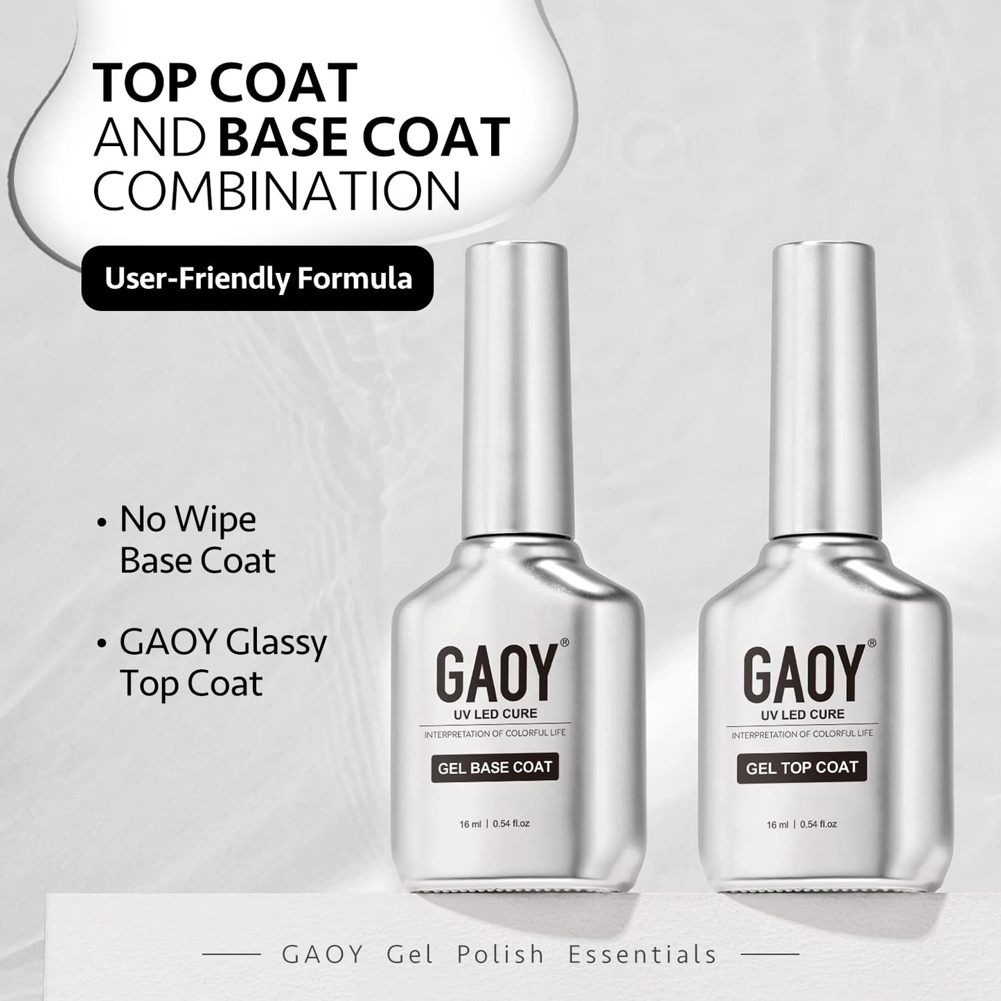 16Ml 2 Pcs Glassy Gel Top Coat and Base Coat Set,No Wipe Foundation Combination for UV Light Cure Nail Polish