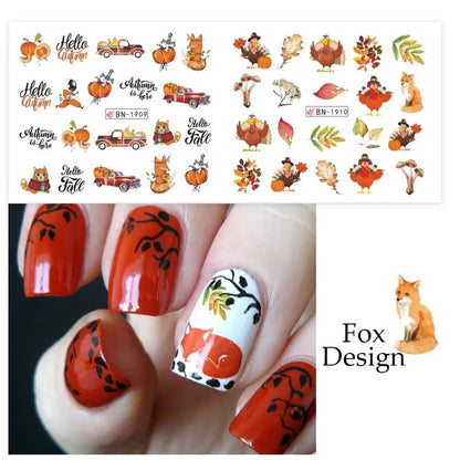 Fall Leaf Nail Art Stickers,  Maple Leaf Nail Decals Autumn Nail Art Supplies Cute Maple Leaves Turkeys Squirrels Pumpkins Water Decals for Women Thanksgiving Day Nail Art Decorations