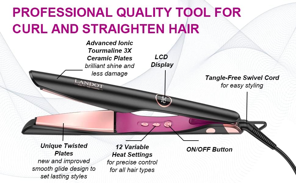 Hair Straightener Flat Curling Iron: Straightener and Curler 2 in 1 - Twist Straightening Curling Iron Combo for Curl Wave Straighten Women Hair - 1 Inch Dual Voltage