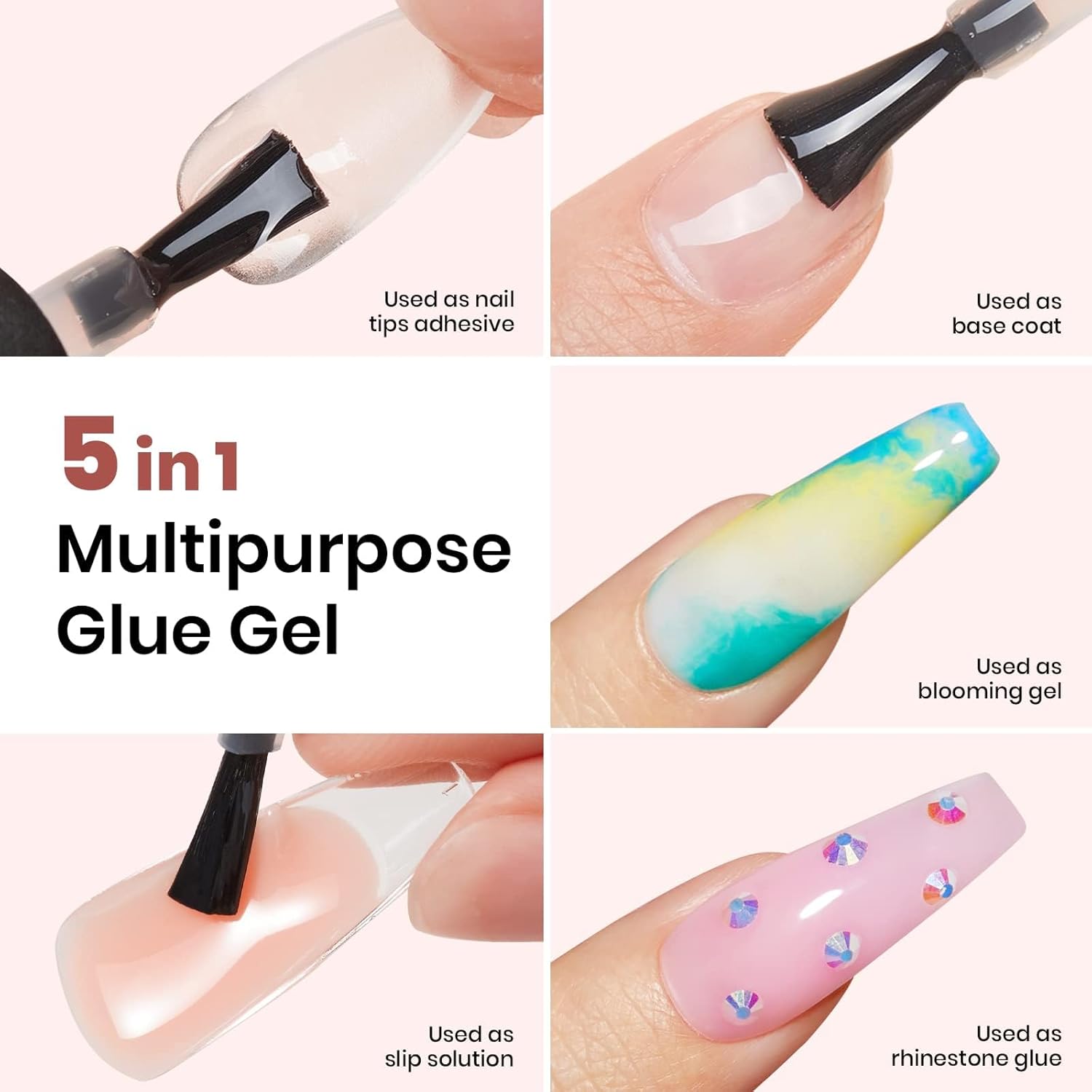 5 in 1 Nail Glue and Base Gel Kit for Acrylic Nails,2 Pcs 15Ml Super Strong Brush in Nail Gel Glue for False Nails Tips and Gel Nail Polish Led Lamp Required Nail Art Gift