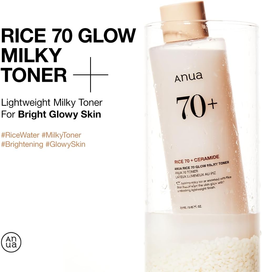 Rice 70 Glow Milky Toner, for Glass Skin and Brightening, Rice Water, Niacinamide, Ceramides, Panthenol, Fragrance-Free, Non Comodogenic, Fungal Acne Safe, Korean Skin Care, 250Ml/8.45Fl.Oz.