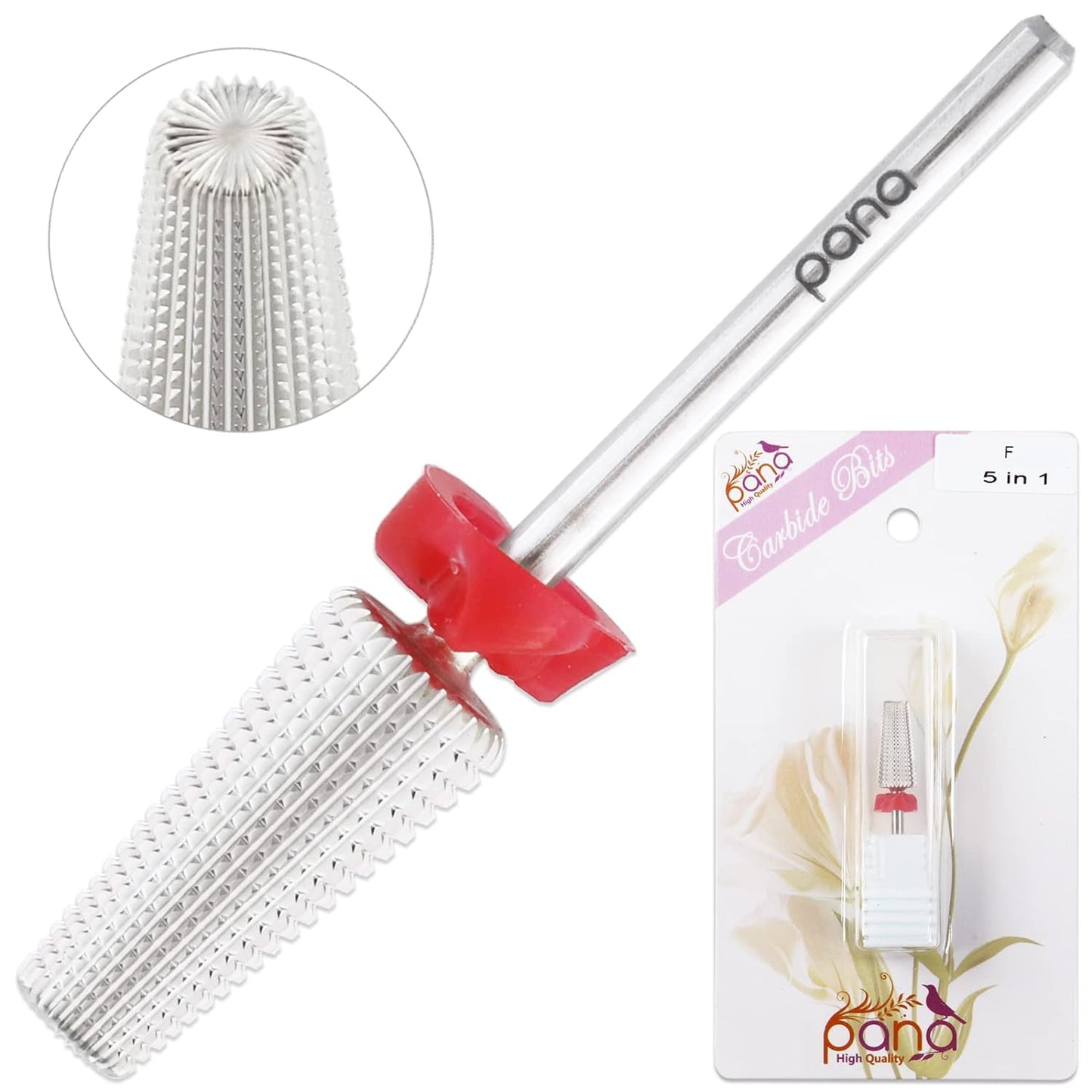 PANA Nail Carbide 5 in 1 Bit - Two Way Rotate use for Both Left and Right Handed - Fast remove Acrylic or Hard Gel - 3/32" Shank - Manicure, Nail Art, Drill Machine (Fine, Silver)