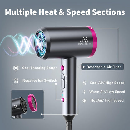 Hair Dryer with Diffuser, Portable Blow Dryer for Curly Hair for Women/Men, 1800 Watt Ionic Hairdryer, Blow Dryer with Nozzle for Fast Drying as Salon, Lightweight