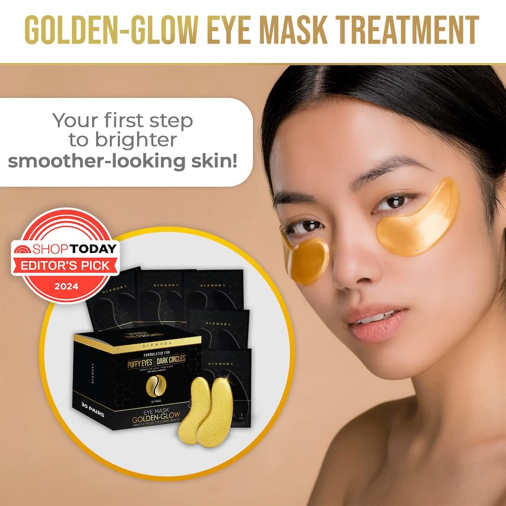 Golden Glow under Eye Patches (30 Pairs Eye Gels) - Rejuvenating Treatment for Dark Circles, Puffy Eyes, Refreshing, Revitalizing, Travel, Wrinkles