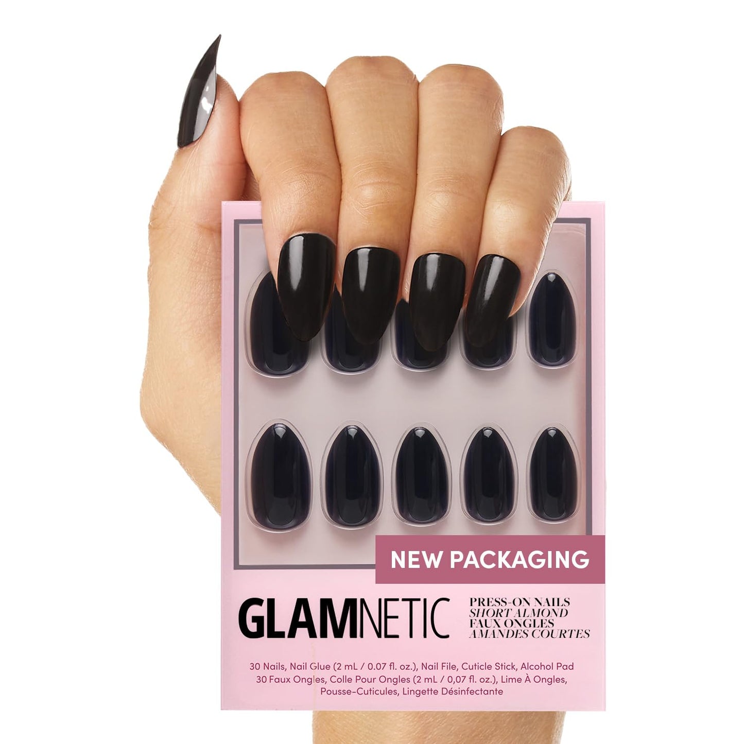 Press on Nails - Cosmic | Semi-Transparent Sparkly Black Short Squoval Fake Nails with a Glossy Finish, Reusable | 15 Sizes - 30 Nail Kit with Glue