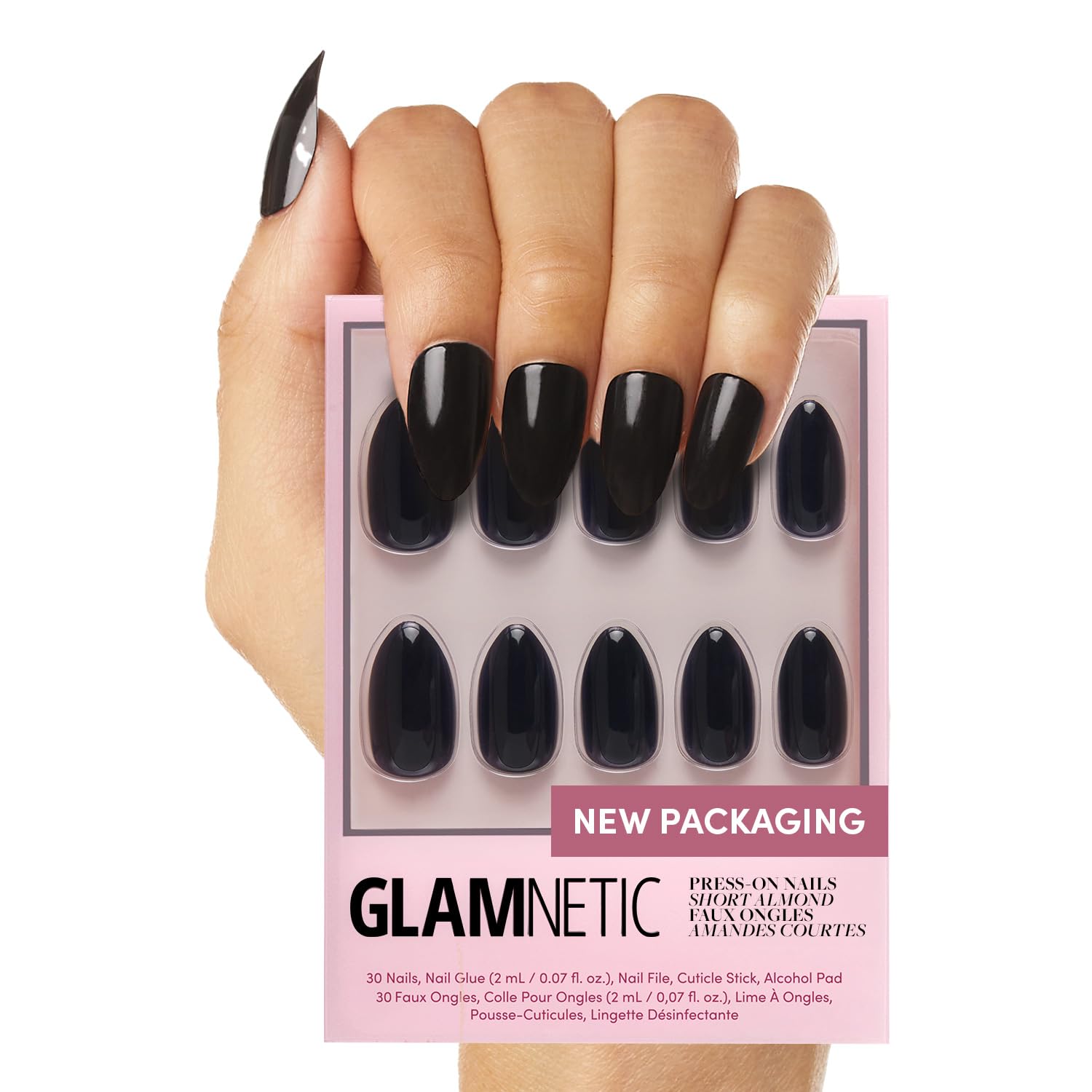 Press on Nails - Cosmic | Semi-Transparent Sparkly Black Short Squoval Fake Nails with a Glossy Finish, Reusable | 15 Sizes - 30 Nail Kit with Glue