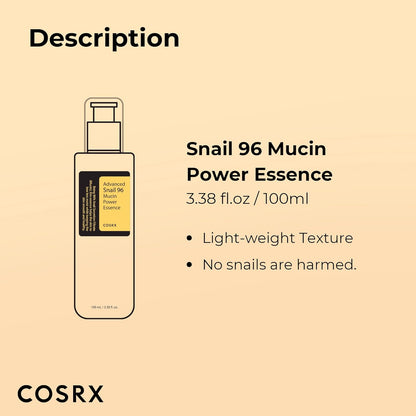 COSRX Snail Mucin 96% Power Repairing Essence 3.38 fl.oz 100ml, Hydrating Serum for Face with Snail Secretion Filtrate for Dull Skin & Fine Lines, Korean Skin Care