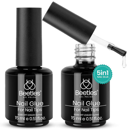 5 in 1 Nail Glue and Base Gel Kit for Acrylic Nails,2 Pcs 15Ml Super Strong Brush in Nail Gel Glue for False Nails Tips and Gel Nail Polish Led Lamp Required Nail Art Gift