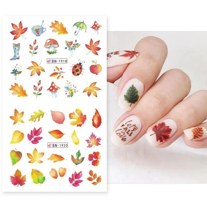 Fall Leaf Nail Art Stickers,  Maple Leaf Nail Decals Autumn Nail Art Supplies Cute Maple Leaves Turkeys Squirrels Pumpkins Water Decals for Women Thanksgiving Day Nail Art Decorations