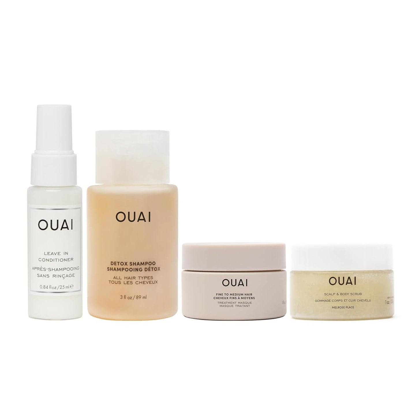 OUAI Travel Kit - Includes Travel Size Leave In Conditioner, Detox Shampoo, Fine to Medium Hair Treatment Masque and Melrose Place Scalp & Body Scrub (4 Count)