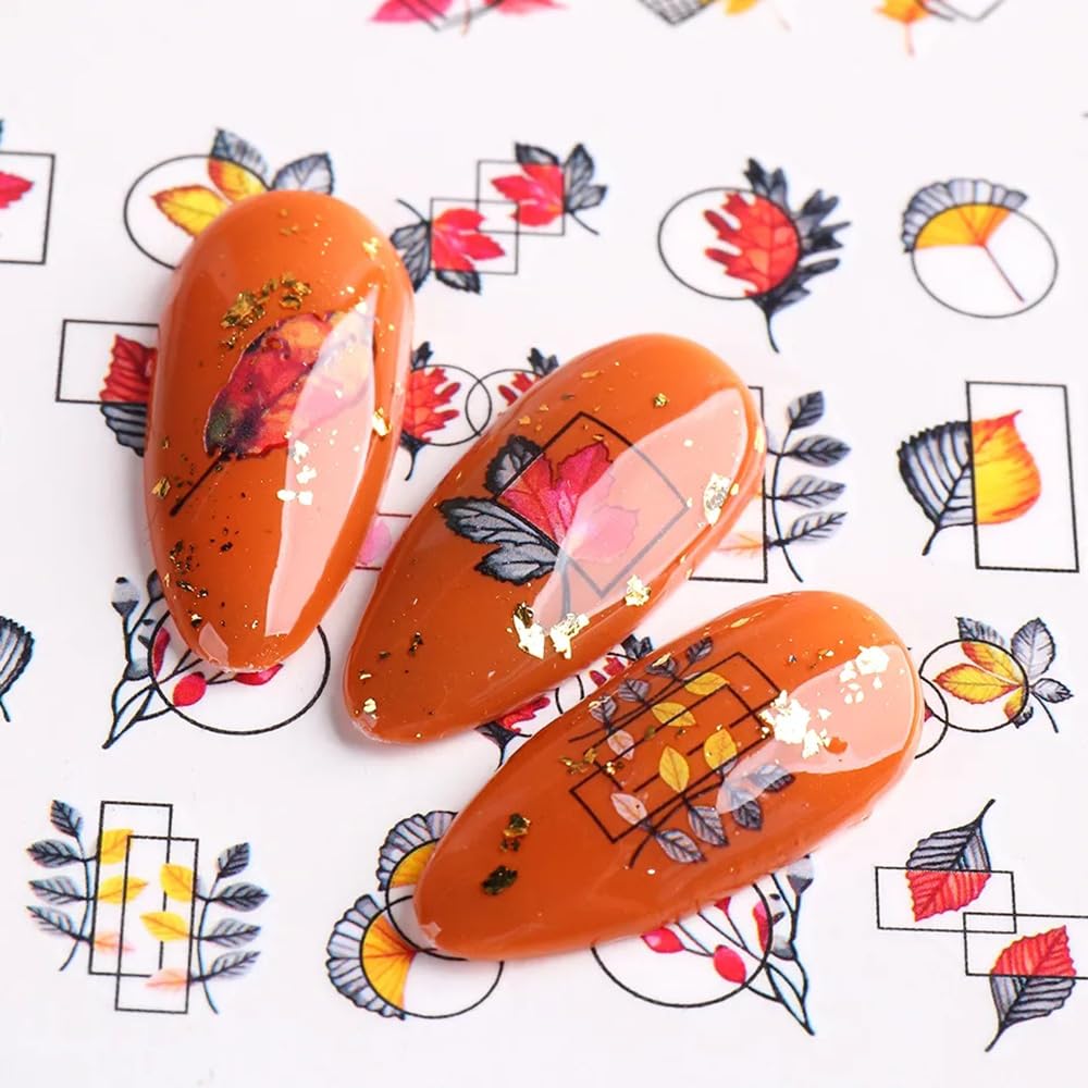 Fall Leaf Nail Art Stickers,  Maple Leaf Nail Decals Autumn Nail Art Supplies Cute Maple Leaves Turkeys Squirrels Pumpkins Water Decals for Women Thanksgiving Day Nail Art Decorations