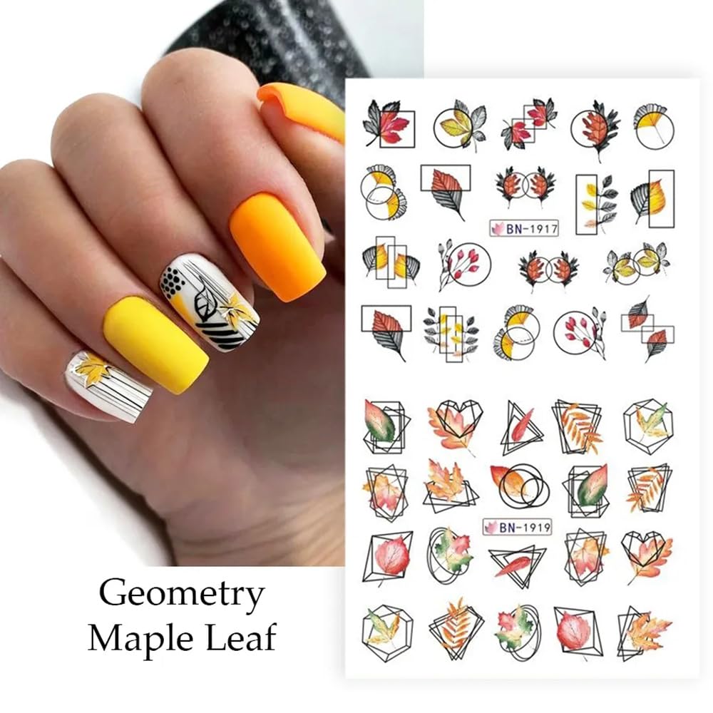 Fall Leaf Nail Art Stickers,  Maple Leaf Nail Decals Autumn Nail Art Supplies Cute Maple Leaves Turkeys Squirrels Pumpkins Water Decals for Women Thanksgiving Day Nail Art Decorations