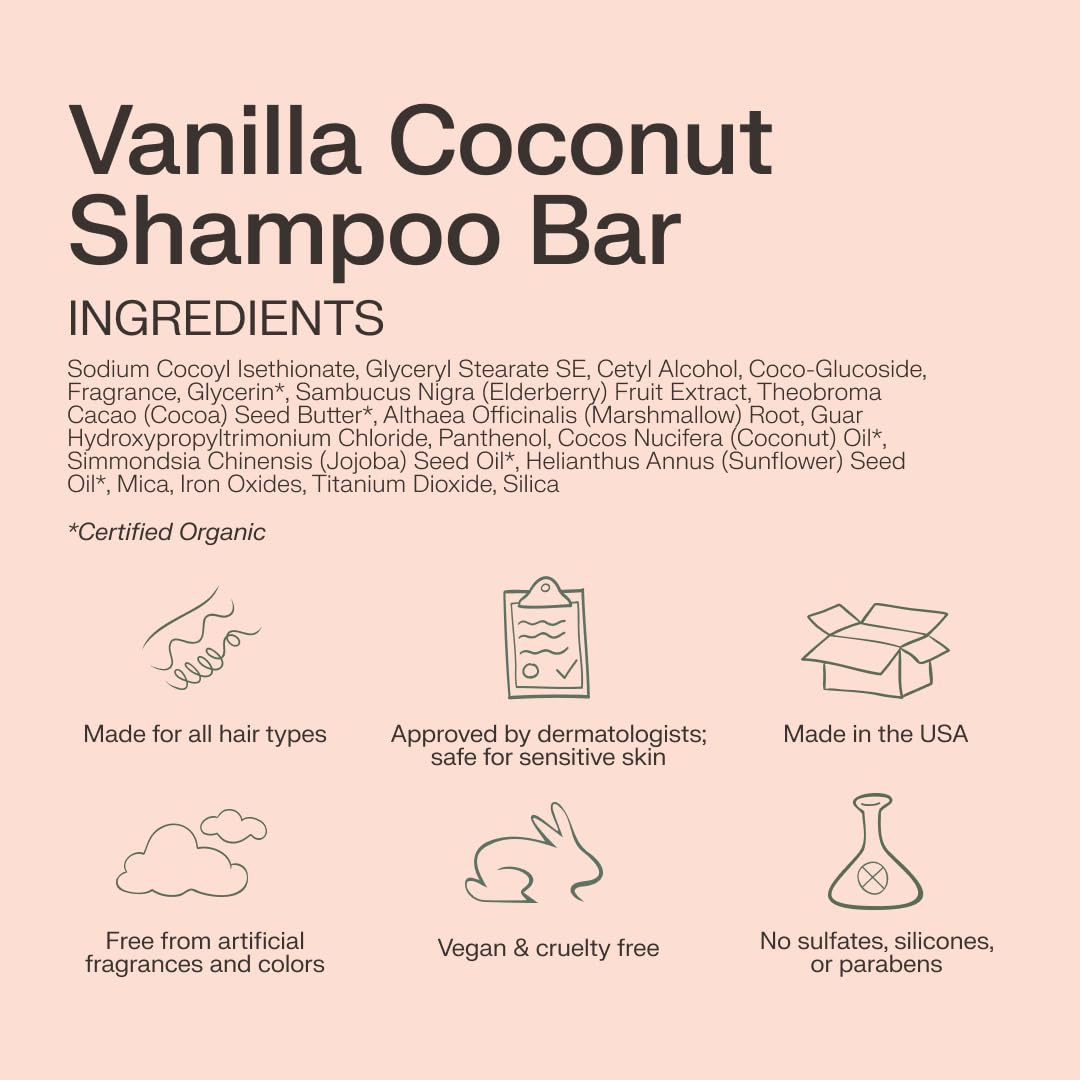 Shampoo Bar - Promote Hair Growth, Strengthen & Volumize All Hair Types - Paraben & Sulfate Free Formula with Natural, Vegan Ingredients for Dry Hair (Vanilla Coconut, 3 Oz)