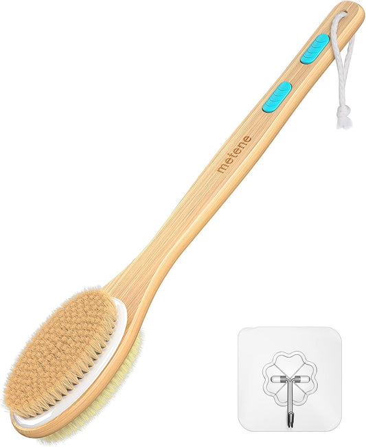 Shower Brush with Soft and Stiff Bristles, Bath Dual-Sided Long Handle Back Scrubber Body Exfoliator for Wet or Dry Brushing