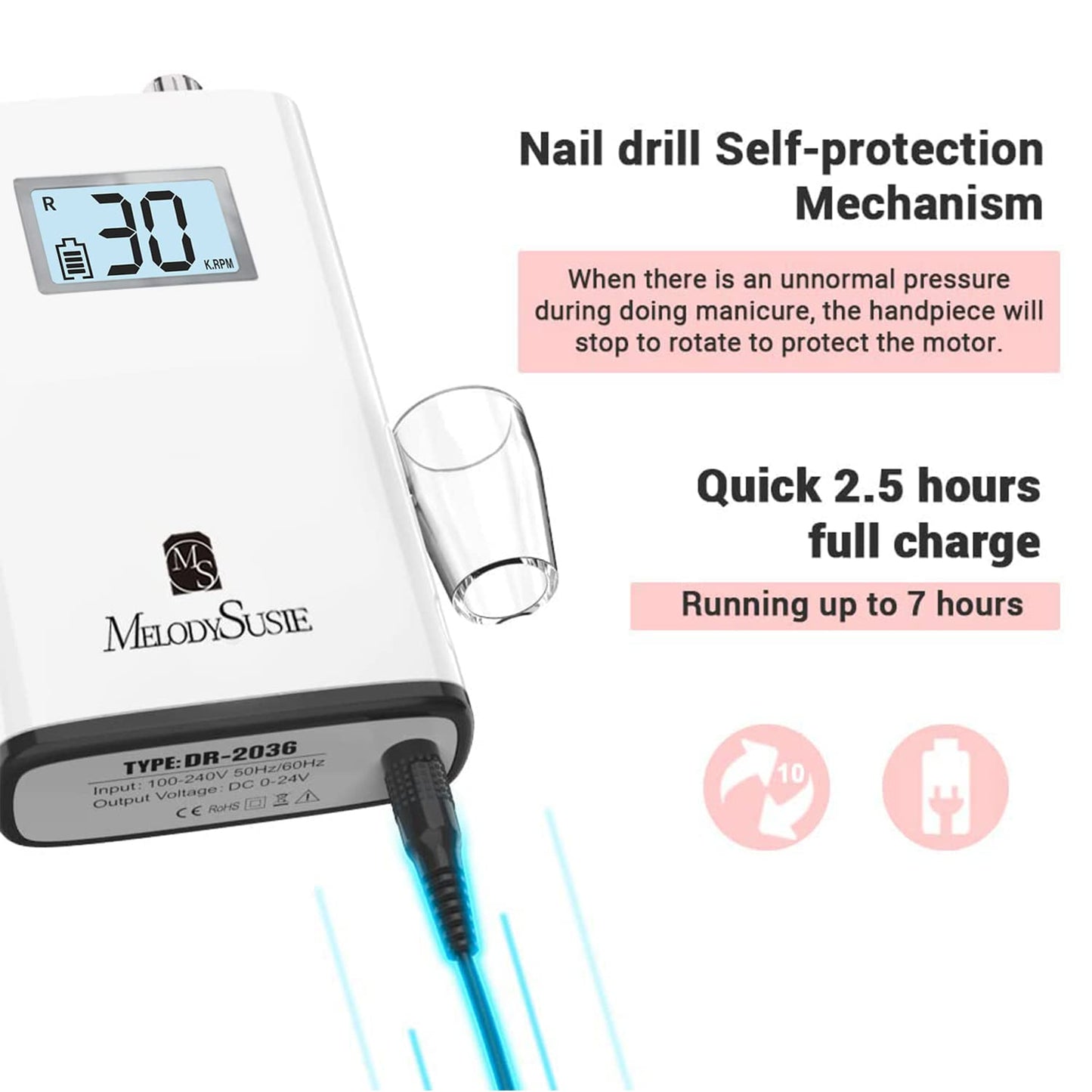 Professional Rechargeable 30000 Rpm Nail Drill,Sc320H Portable Electric E File Scamander, Acrylic Gel Grinder Tools with 6 Bits and Sanding Bands for Manicure Pedicure Carve Polish (White)