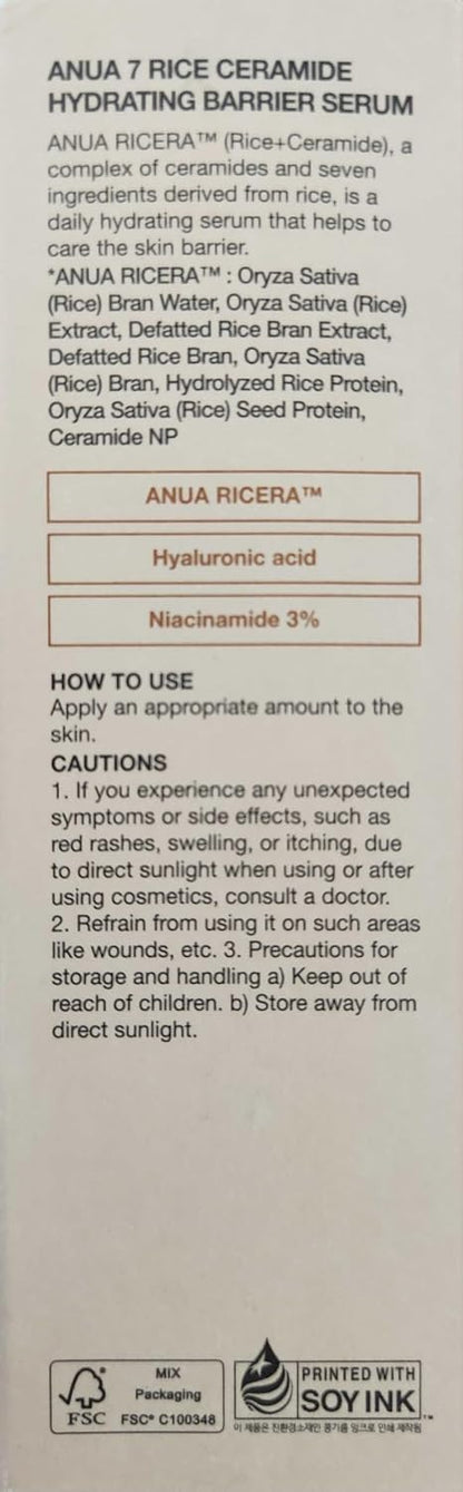 RICE CERAMIDE 7 HYDRATING BARRIER SERUM, Brightening, Hydrating Serum for Face, Rice, Hyaluronic Acid, Niacinamide, Fragrance-Free, Non Comodogenic, Glass Skin, Korean Skin Care, 50Ml/1.69Fl.Oz.