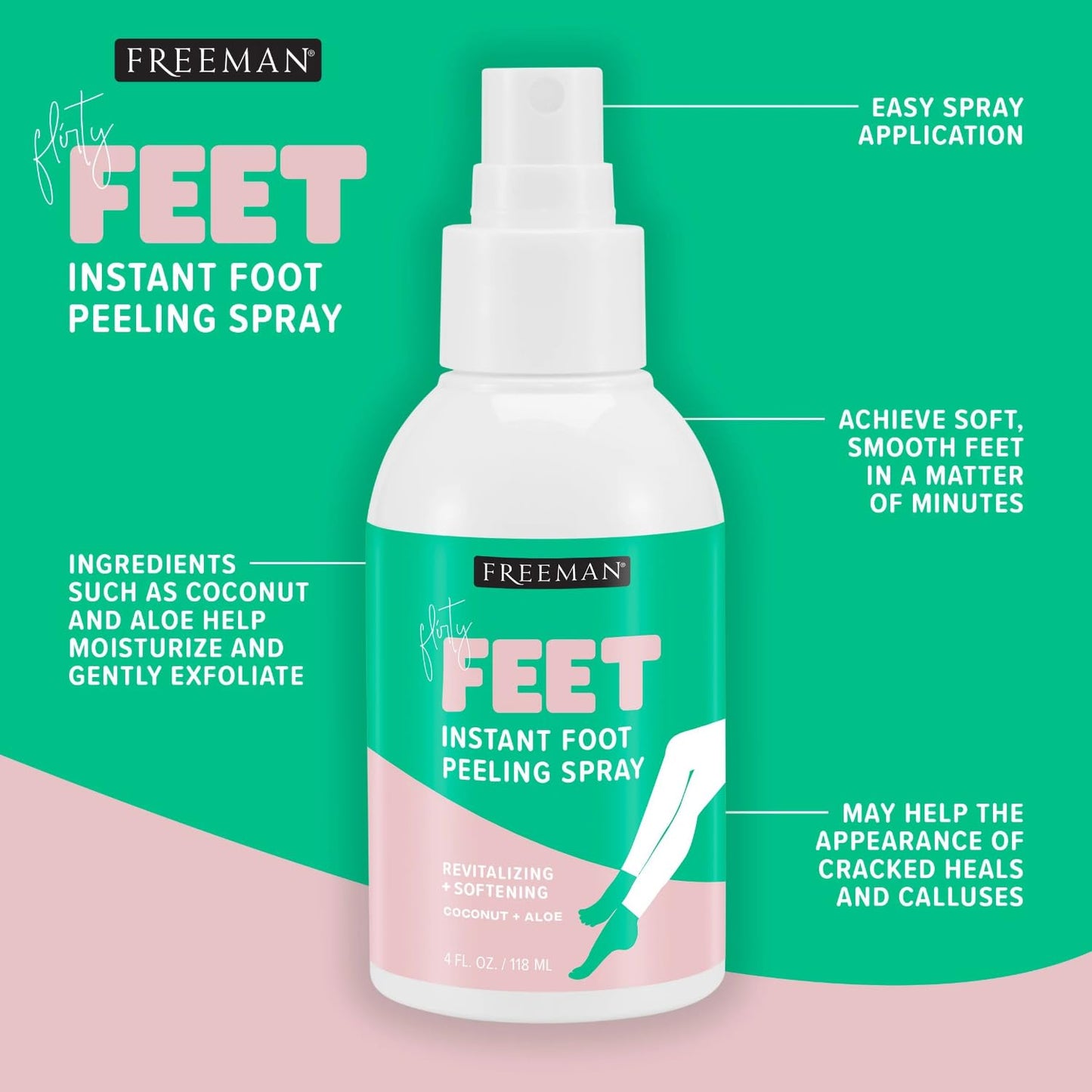 Freeman Flirty Feet Instant Foot Peeling Spray, Exfoliating Foot Mask For Summer, Moisturizing & Smooth Dry, Cracked Heels, Remove Dead Skin Quickly, Cruelty-Free & Vegan, 4 fl.oz./ 118 ml Bottle