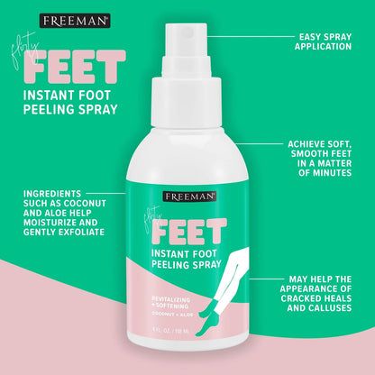 Freeman Flirty Feet Instant Foot Peeling Spray, Exfoliating Foot Mask For Summer, Moisturizing & Smooth Dry, Cracked Heels, Remove Dead Skin Quickly, Cruelty-Free & Vegan, 4 fl.oz./ 118 ml Bottle