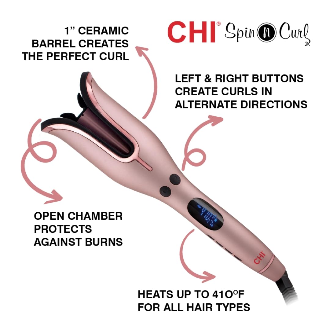 CHI Spin N Curl, Curling Iron For Healthy & Shiny Effortless Curls & Waves, Provides Preset Temperature Settings For Each Hair Texture, Rose Gold