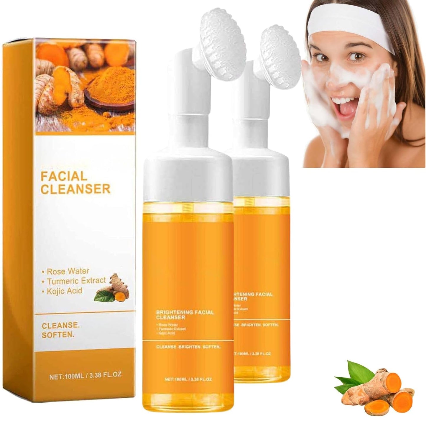 2PCS Turmeric Facial Cleanser, Turmeric Face Wash, Foaming Face Wash, Deep Cleaning, Moisturizing, Easy to Use, Turmeric Foaming Cleanser for Oil, Dry and All Skin