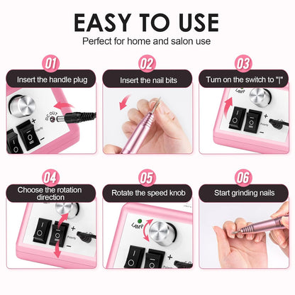 Subay Professional Finger Toe Nail Care Electric Nail Drill Machine Manicure Pedicure Kit Electric Nail Art File Drill with 1 Pack of Sanding Bands (Pink)