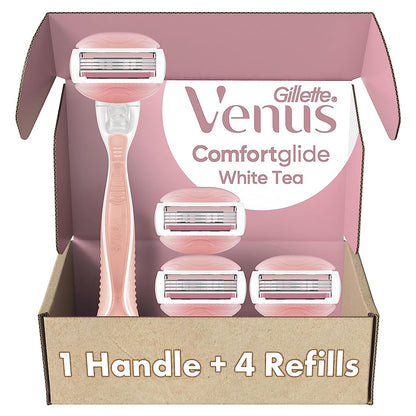 Comfortglide Razors for Women, 1 Venus Razor, 4 Razor Blade Refills, White Tea Scented Gel Bars