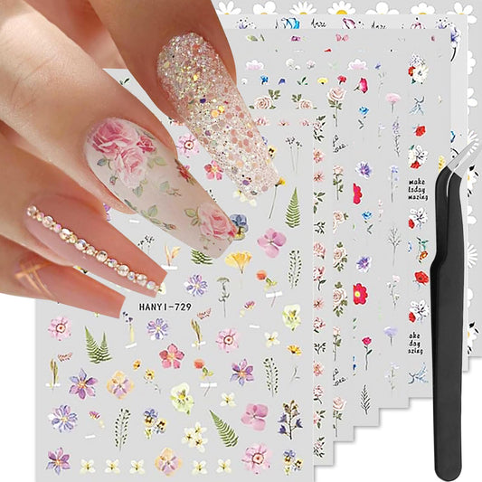 VOTACOS 9 Sheets Spring Flower Nail Art Stickers Decals Colorful Summer Floral Nail Supplies Accessories Self-Adhesive Nail Art Design Decoration Pegatinas Uñas for Women