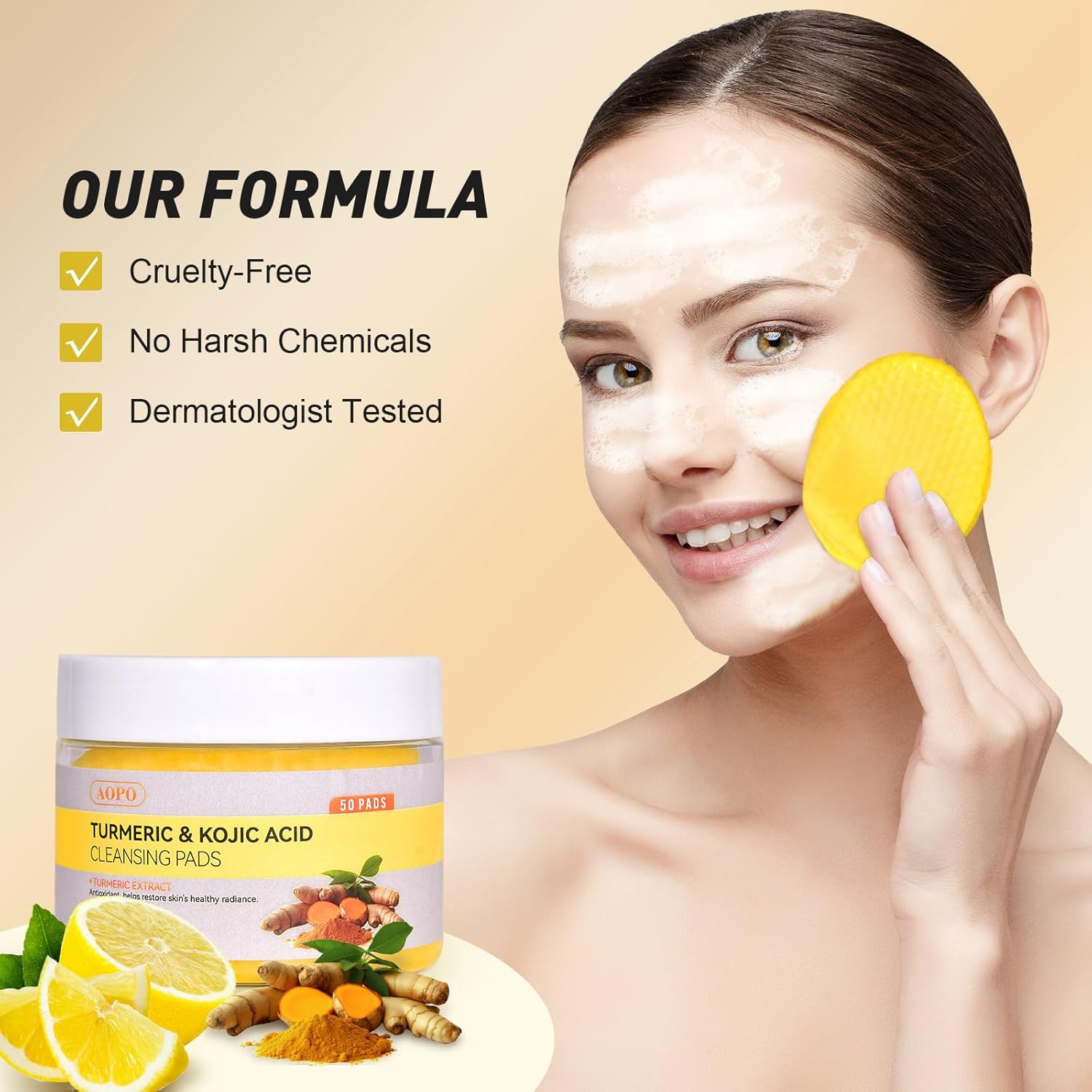 Kojic Acid and Turmeric Cleansing Pads, 50 Pcs, for Face Cleansing and Exfoliation