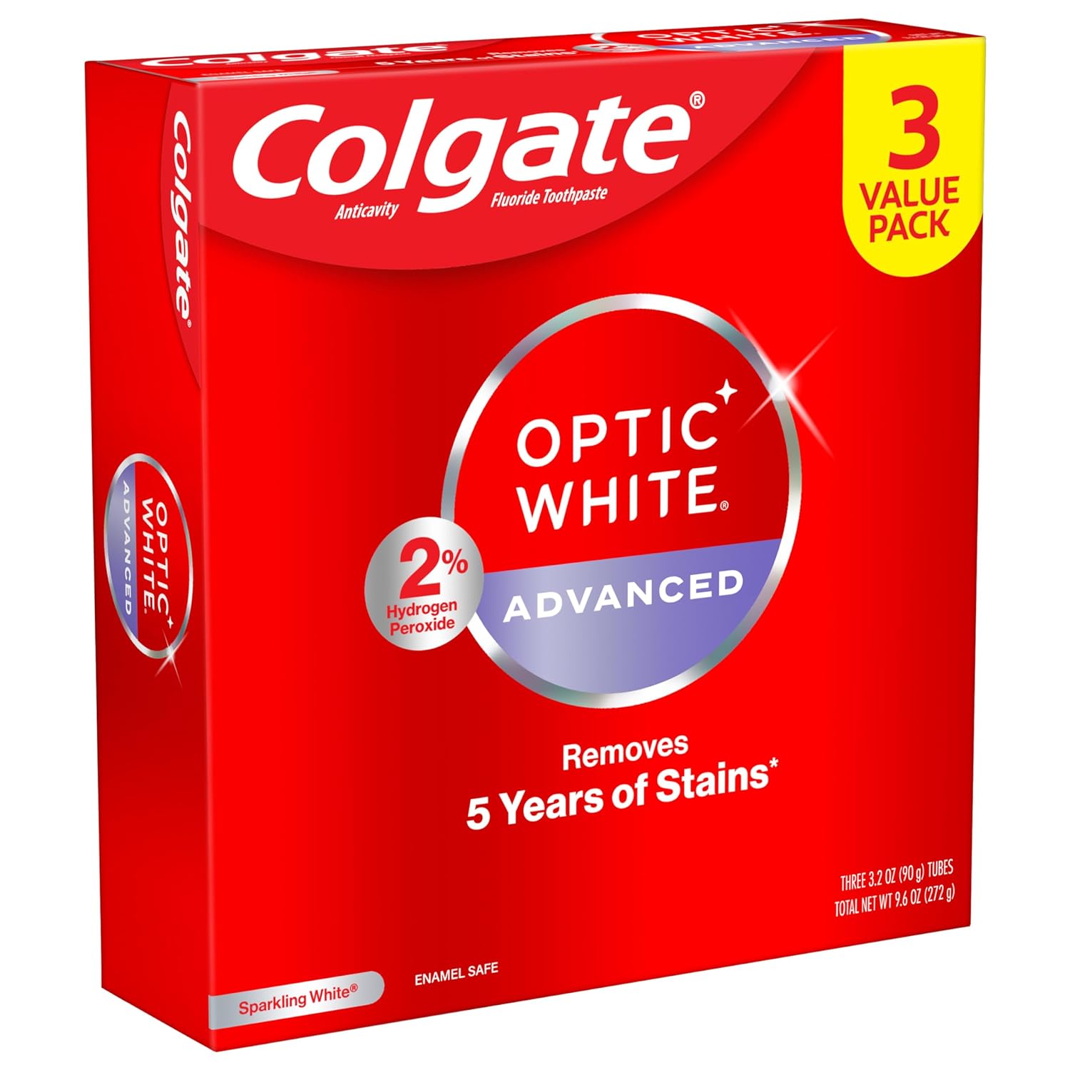 Optic White Advanced Hydrogen Peroxide Toothpaste, Teeth Whitening Toothpaste Pack, Enamel-Safe Formula, Helps Remove Tea, Coffee, and Wine Stains, Sparkling White, 3 Pack, 3.2 Oz